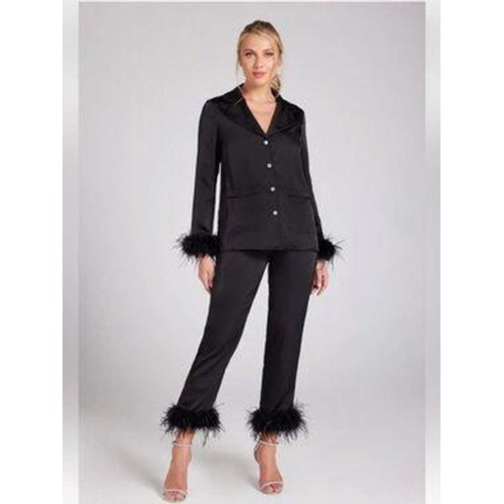 NADINE MERABI Darcie Black Satin Feather-Trim Pajama Pant Suit Set Large NWT